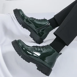 Trendy Men's Shiny Leather Shoes Thick Soled Wear-resistant Lace Up Outdoor Work Boots Winter Green Business Men's Ankle Boots