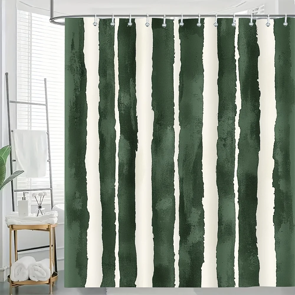 

Крючки для душевых занавесок с 2D-принтом на белом фоне, рисованные вручную зеленые вертикальные полосы с белыми точками, 180x180 см (71x71 дюймов)