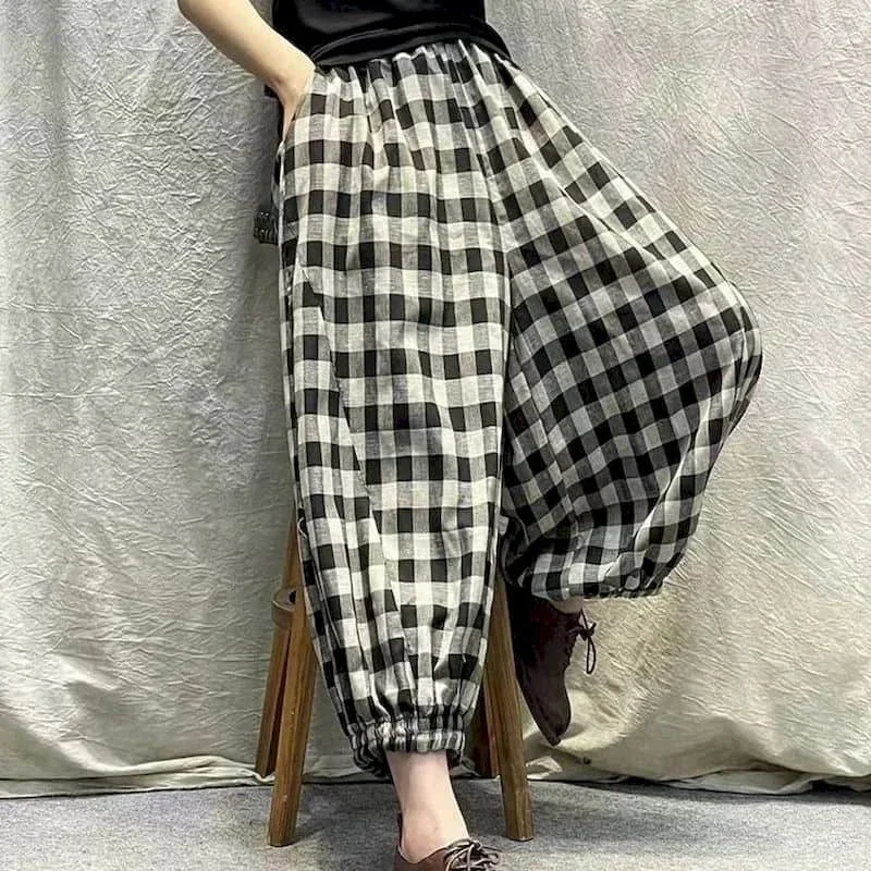 

Pop Cotton Linen Pants Plaid Elastic Waist Loose Casual Vintage Clothes Korean Style Harajuku Trousers Lantern Pants Women Cloth