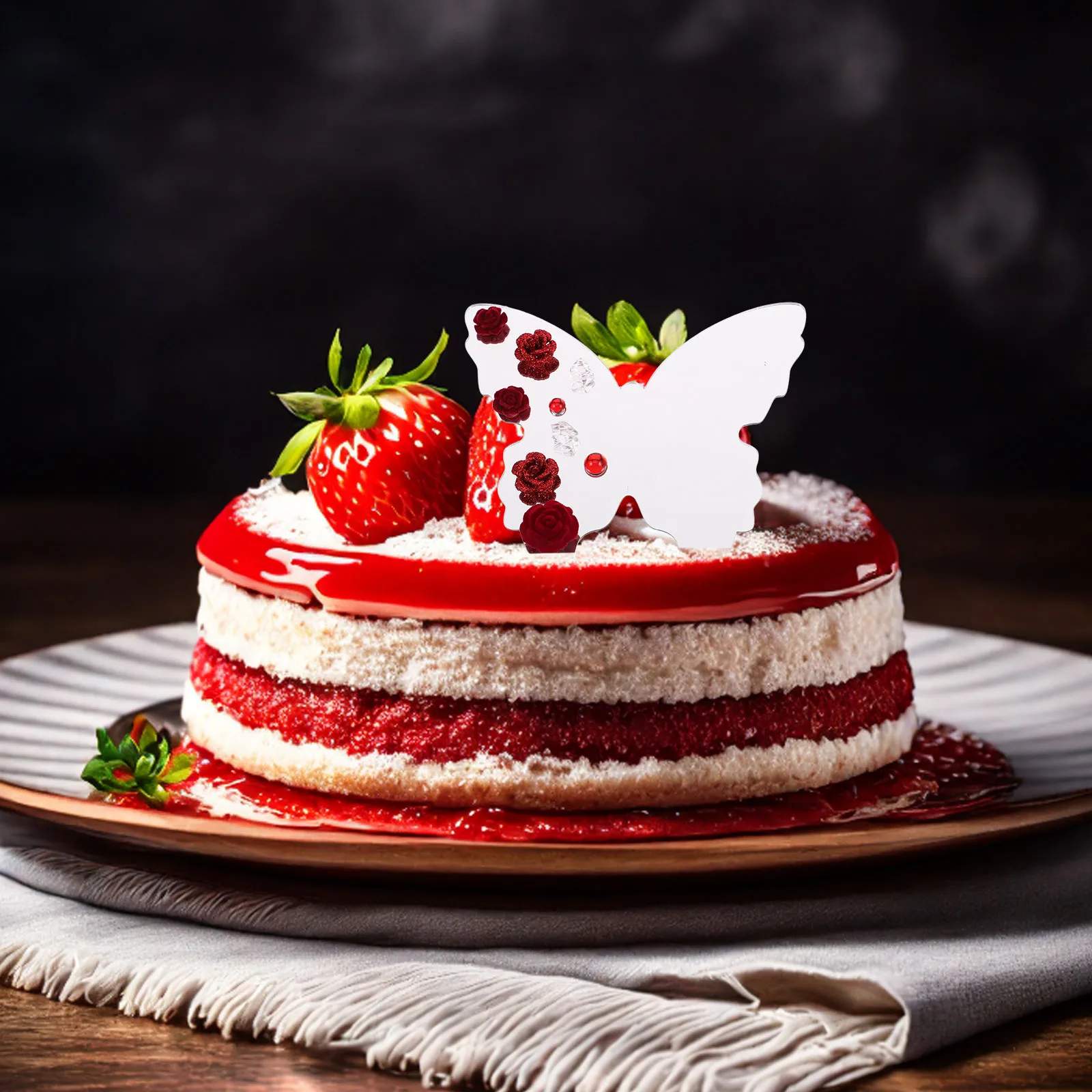 

1Set Acrylic Valentine's Day Cake Topper Butterfly Rose Mirror Design Romantic Elegant Cake Decoration Birthday Anniversary