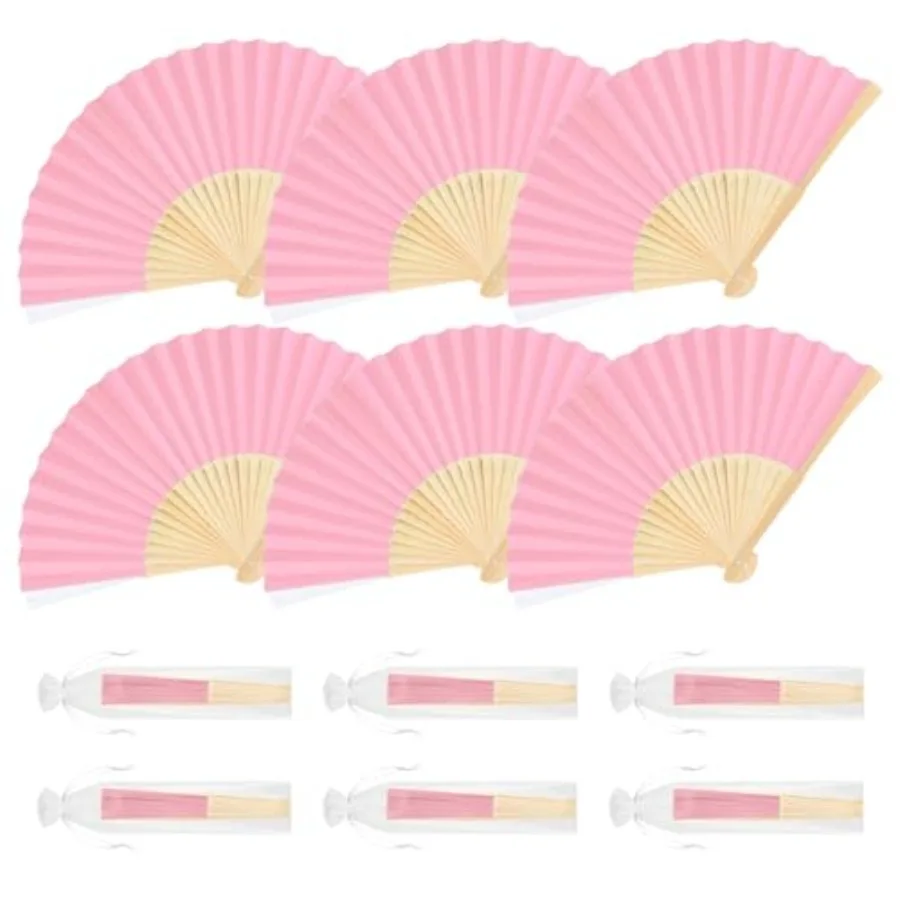 6 Pieces Pink Hand Held Bamboo Folding Fans Foldable Paper Fans Handheld for Women Girls Wedding DIY Decoration Church Home Par