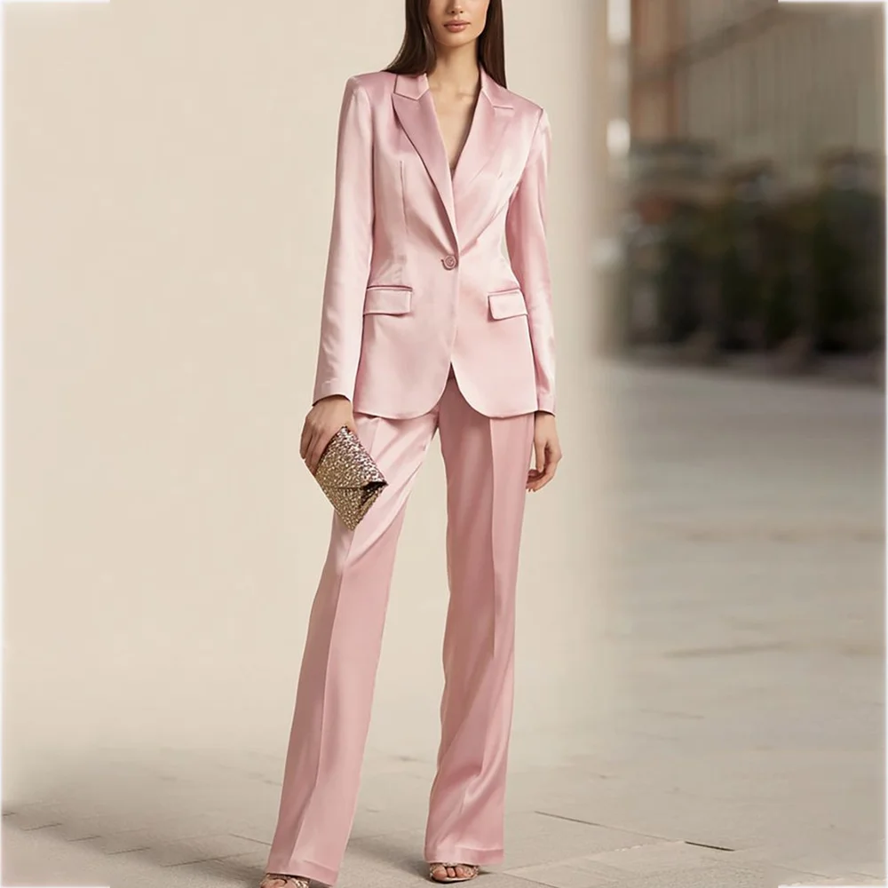 

Pink Satin Women's Suit Slim Fit Blazer Peak Lapel Elegant Fashion Single Button Outfit Formal Occasions Business Office Set