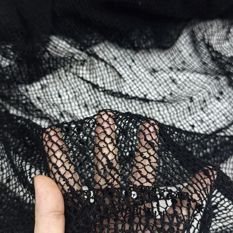 Black Embroidered Sequin Fishnet Mesh Fabric Lightweight Stretch Breathable Designer Fashion Handcraft Sewing DIY Craft Material