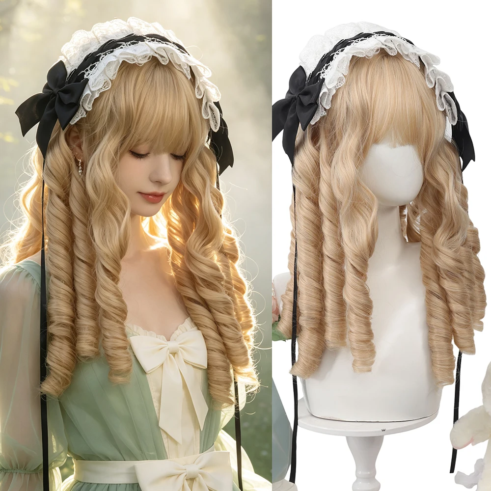 Synthetic 20 Inch Lolita Gold Roman Curl Curly Hair Wig Halloween Cosplay Heat Resistant Fiber Hair Accessories For Women
