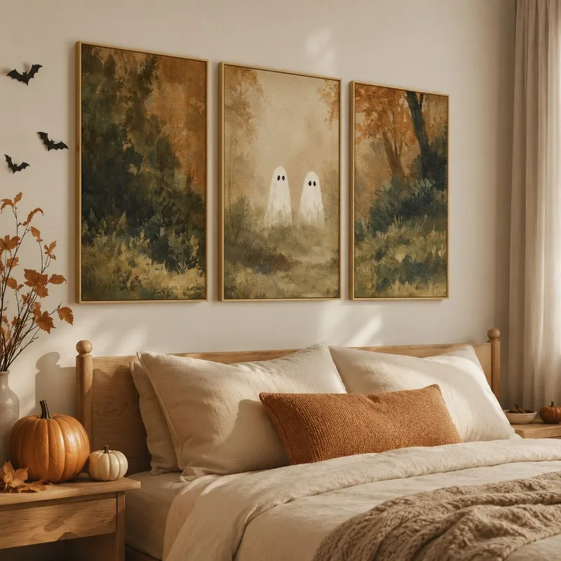 3pcs frameless Canvas Painting Retro Halloween Poster Print, A Terrifying Ghost in The Misty Autumn Forest, Suitable for Home an