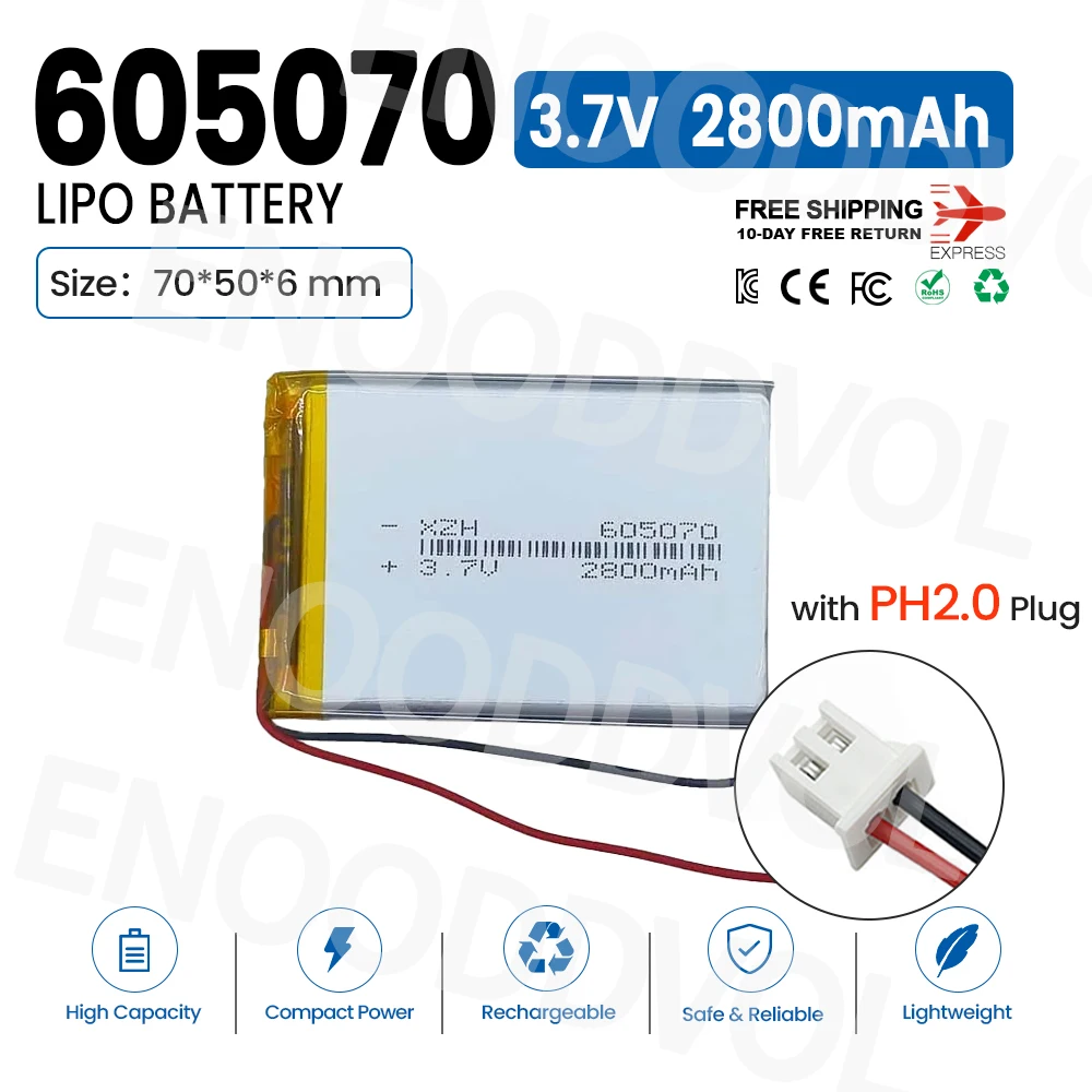 605068 605070 Battery 2800mAh 3.7V Lithium Polymer Battery for Bluetooth Speakers Reading Pens Mosquito Repellent Lamps Bateria