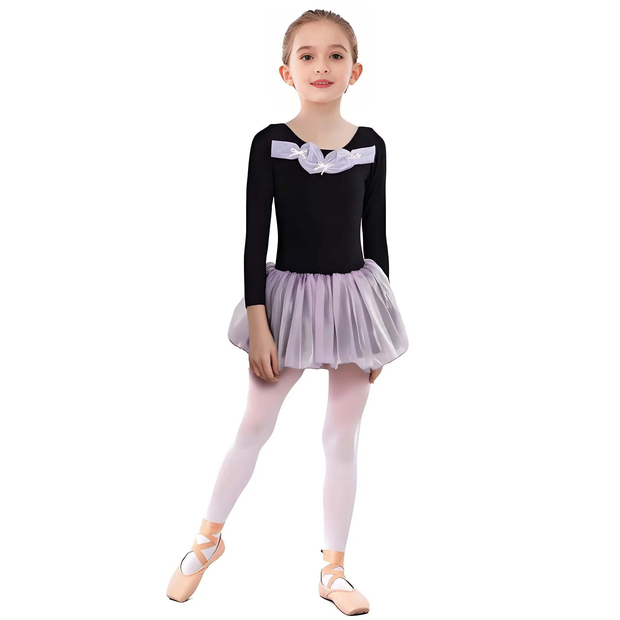 

Балетные платья для детей, милое тюлевое платье-пачка с бантом и рюшами и длинными рукавами для девочек, танцевальное платье для соревнований балерины