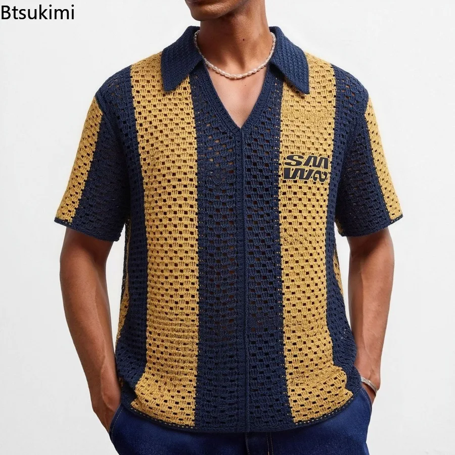 Men Striped Crochet Hollow Out Knit Polo Shirt Fashionable Color Block Mesh Lapel Short Sleeve T-shirt Casual Summer Beach Tops
