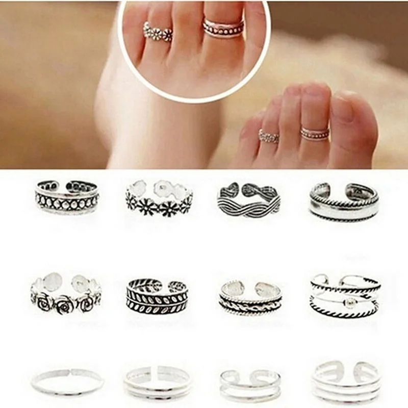 9Pcs Bohemia Foot Ring Open Adjustable Toe Rings Wave Pattern Alloy Ring Adjustable Rings Set for Women Beach Foot Jewelry Set