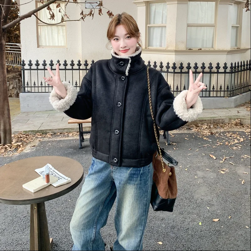 Jaqueta de inverno feminina vintage shearling lã de cordeiro casaco cor-bloco couro falso casaco de pele mulher roupas camurça topo