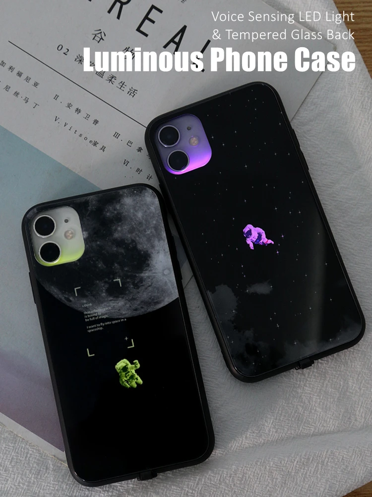 

Couples Mini Astronaut LED Light Glow Luminous Tempered Glass Phone Case for Huawei P30 40 50 60 Mate 30 40 50 Nova 10 Pro Plus