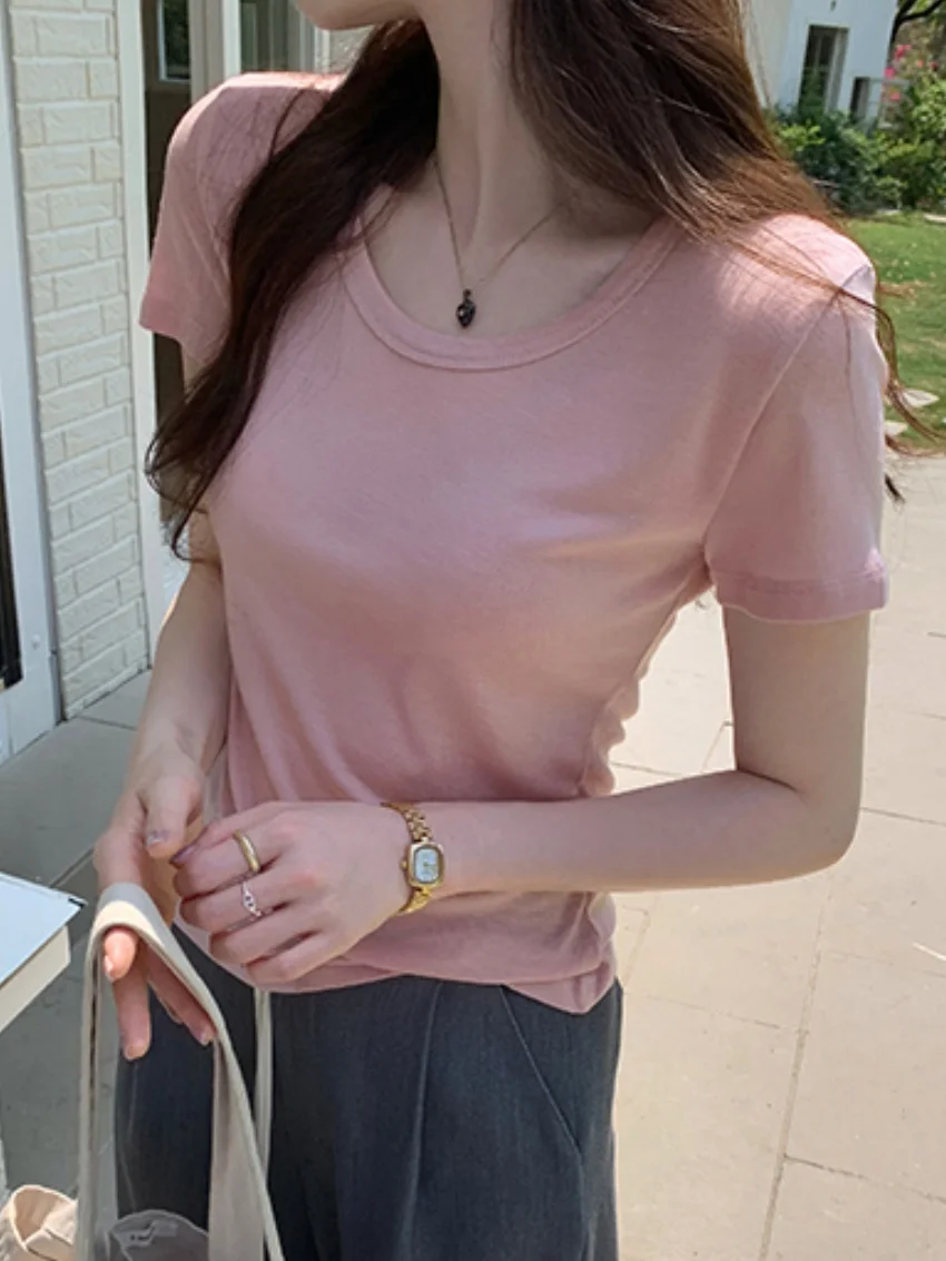 الغريبة كيتي 2025 تي شيرت غير رسمي جديد الصلبة شيك قصيرة الأكمام مكتب سيدة شارع العليا لطيف الحد الأدنى كل مباراة فضفاض تيز #2