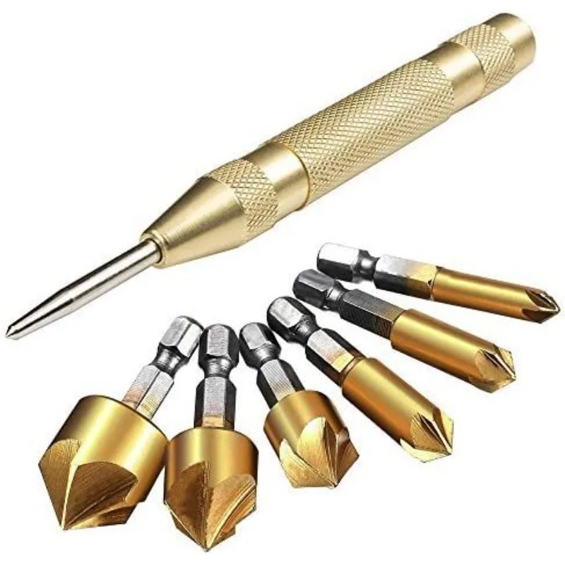 6Pcs Woodworking Hole Saw Set, Titanium Coated Hex Shank 5 Flute Chamfer Cutter 6-19mm