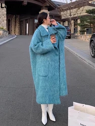 Lautaro Winter Long Blue Fluffy Oversized Warm Wool & blends Coat for Women Single Button Pockets Luxury Clothes Woolen Overcoat