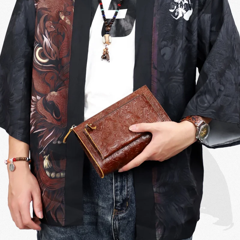 

Men'S Clutches Handbag Business Vintage Cow Leather Man Long Wallet For 6.7 Inch Phone Zipper Purse