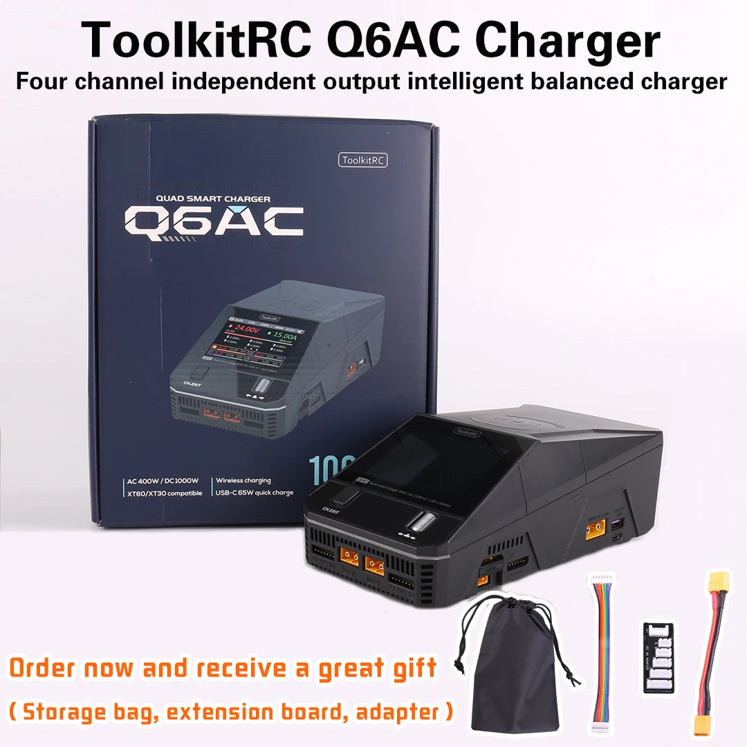 ToolkitRC Q6AC Charger AC 400W / DC 1000W 4CH output Built-in 65W USB Output 15W Wireless Charger for LiPo NiMH PB battery