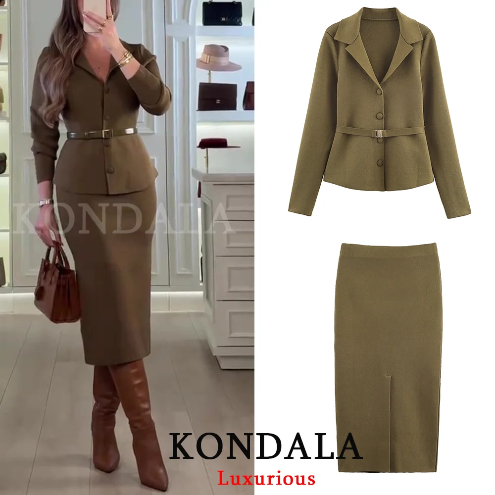 KONDALA Casual Chic Green Women Knit Suits Long Sleeve V Neck Slim Cardigans Sheath Split Midi Skirts Fashion 2025 Vintage Sets