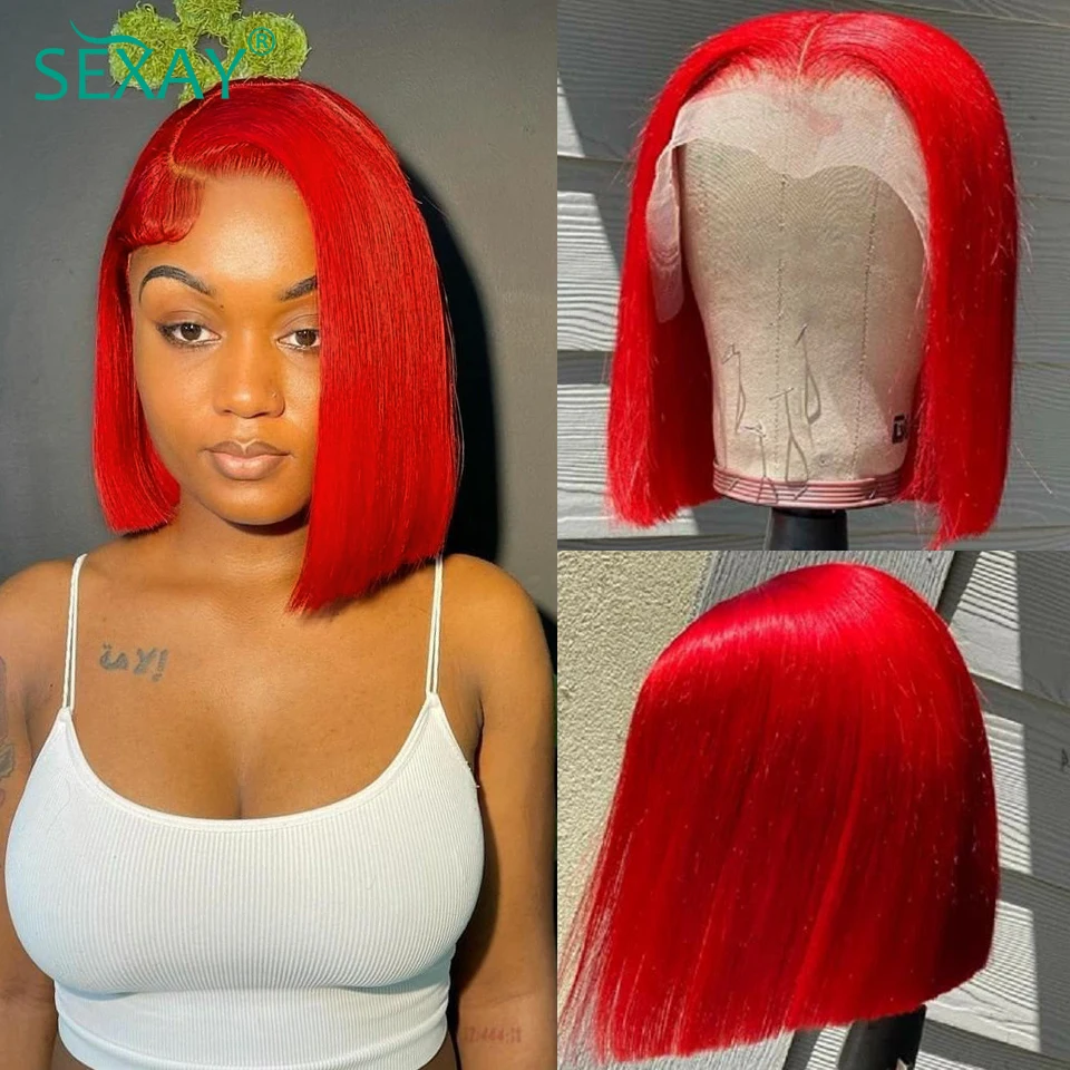 Peluca con malla Frontal precortada de 13x4 de color rojo intenso, pelucas de cabello humano prearrancadas, pelucas frontales de encaje transparente HD, peluca Bob corta de color fácil de usar