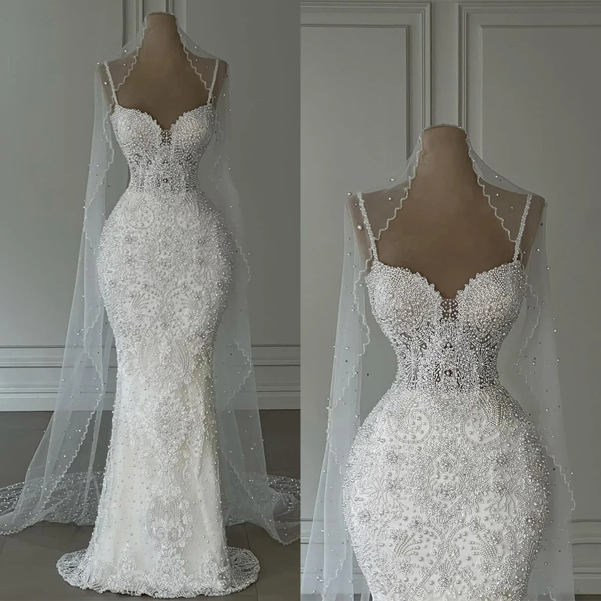 Elegante sereia vestidos de casamento cintas de espaguete miçangas apliques rendas vestidos de noiva feitos sob encomenda rendas voltar varredura trem robes