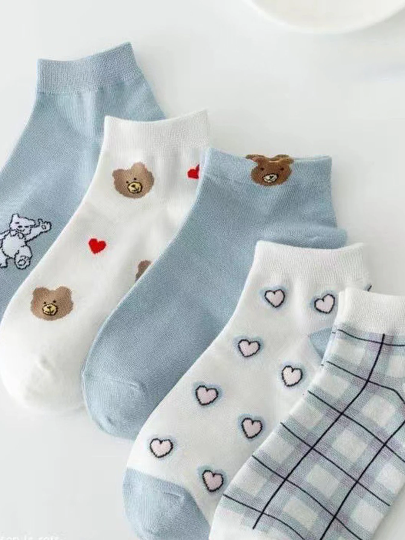 5 Pairs Low Tube Casual Women Socks With Cute Bear And Heart Pattern Standard Women Socks Breathable Fashion Socks