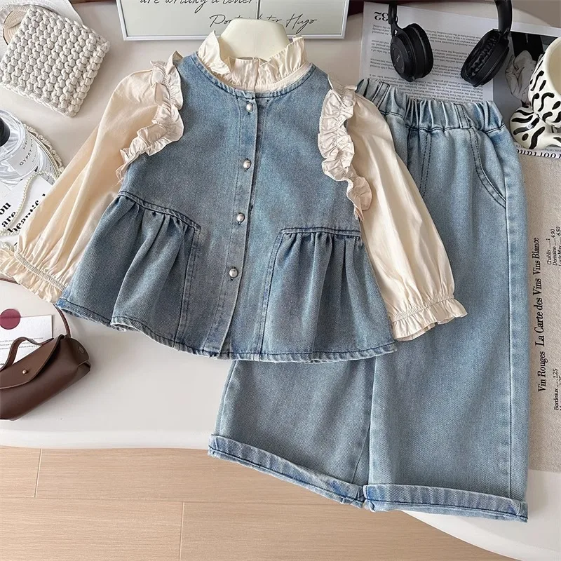 Spring Kids Girls 3PCS Clothes Set Cotton Solid Shirts Lace Ruched Denim Vest Loose Straight Jeans Suit Toddler Girls Outfit