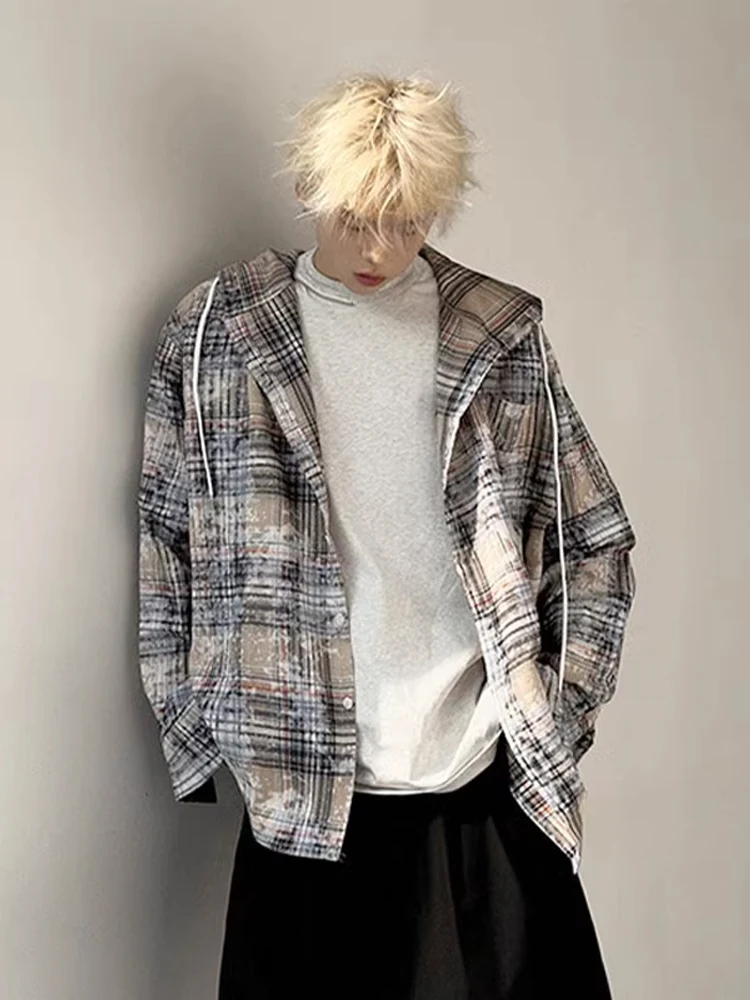 

Retro American Plaid irt with Hood for Men Summer Anti-Uv Jaet Haome And Cool Early Autumn Korean Sle Aosphere Clo...