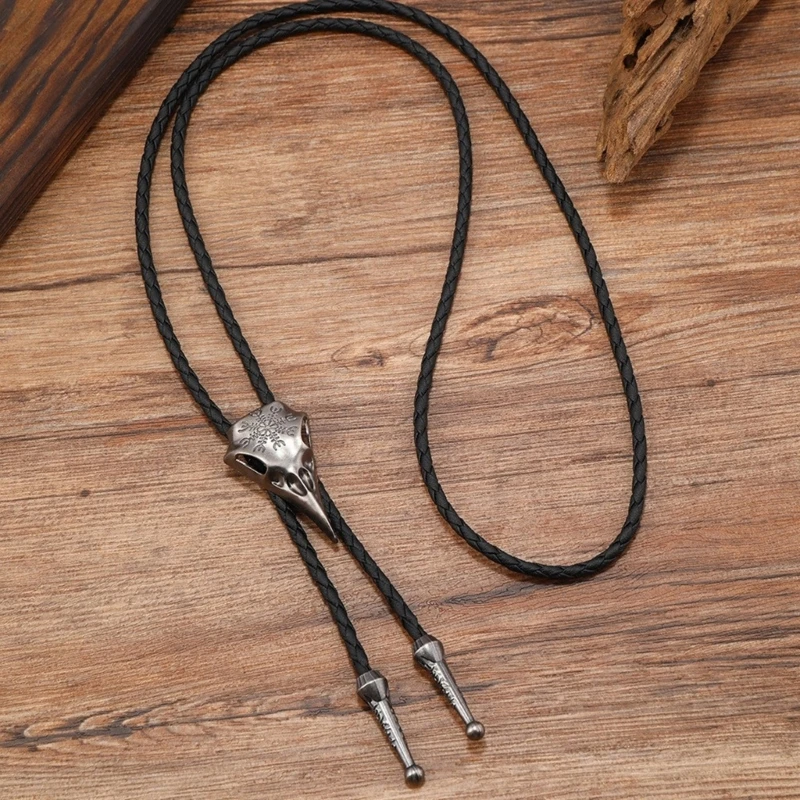 Mens Cowboy Pendant Northern Crow Skull Necklace Bolo Tie Jewelry Shirt Chain