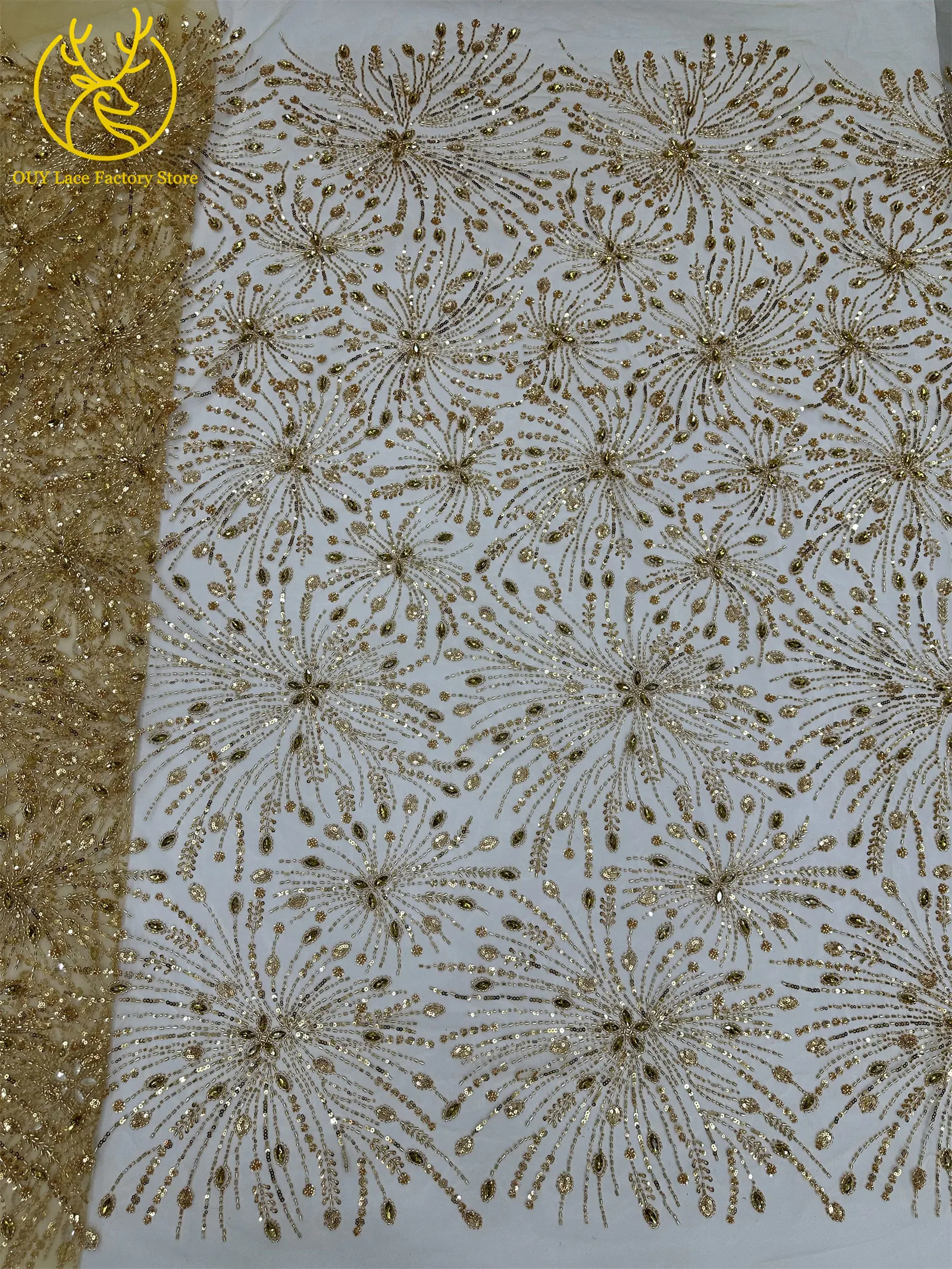 Goldene französische Edelstein-Perlenstickerei-Spitze, hochwertige nigerianische Mesh-Pailletten-Tüllspitze, afrikanischer Spitzenstoff für Damenkleider – Detail 19