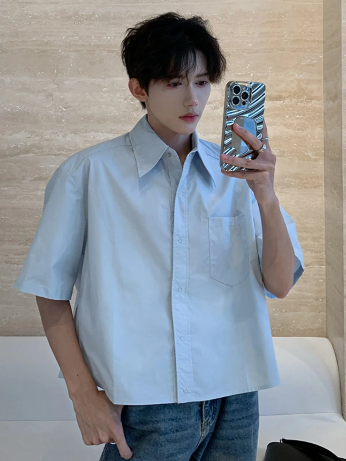 

Светло-голубая мужская рубашка с коротким рукавом, летний корейский костюм, внутренняя одежда, топ премиум-класса, Haome Five Sve Sun Protecti...