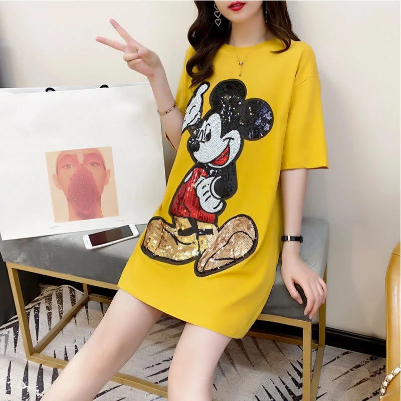 Mickey T Shirt Tops Women Short Sleeve Mid-Length Sequins Embroidery Kawaii T-Shirt Summer Korean Cartoon Loose Tee Top