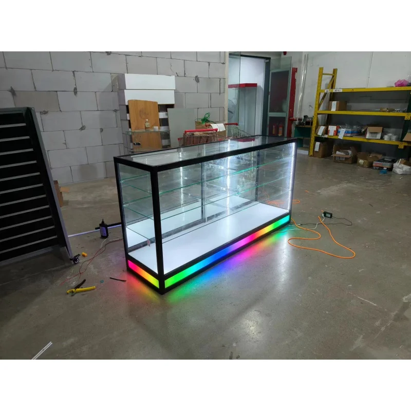 Custom. full glass showcase with flowing LED lights size can custom
