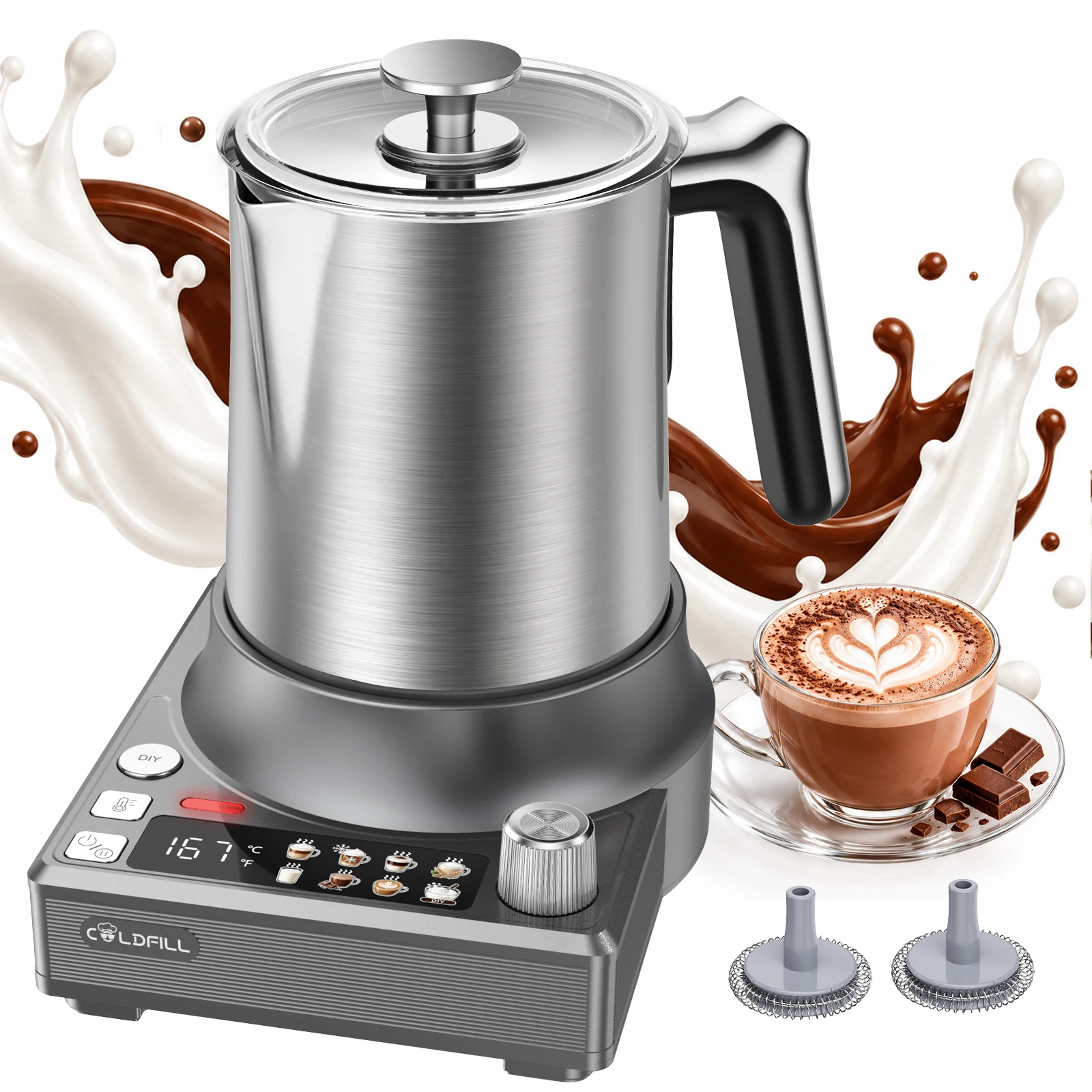 8-in-1-Milchaufschäumer zum Selbermachen, 800 ml, elektrischer Aufschäumer für Kaffee, 8 Modi, für Milch und pflanzliche Milch, Edelstahl, 250 ml Schaum/450 ml Wärme, Latte-Art-Mikroschaum,
