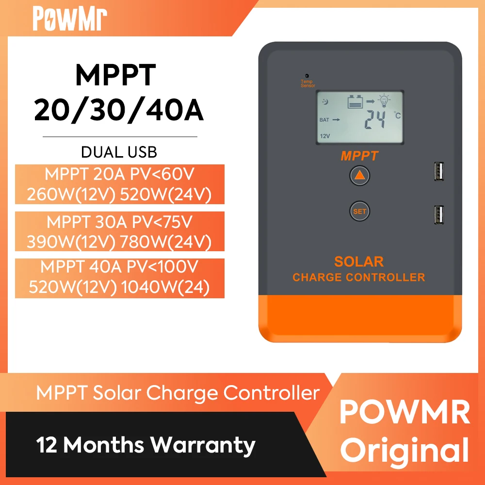 PowMr 12V 24V MPPT Solar Charge Controller Solar Battery Regulator 40A 30A 20A Max PV 100V 75V 50V LCD Display Dual Usb Charging