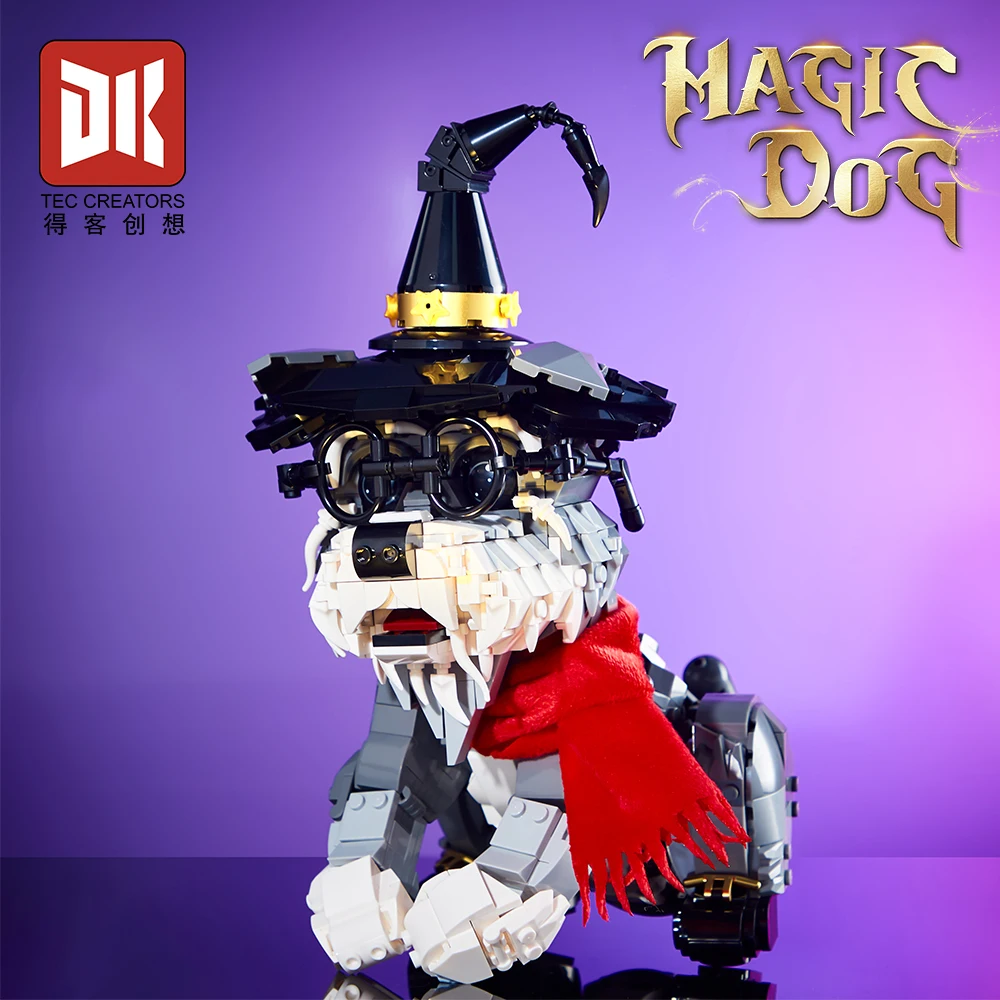 Deke 7057 Fantasy World Magic Dog Schnauzer Creative Animal Model Lighting Magic Broom Ornaments Building Blocks Toys