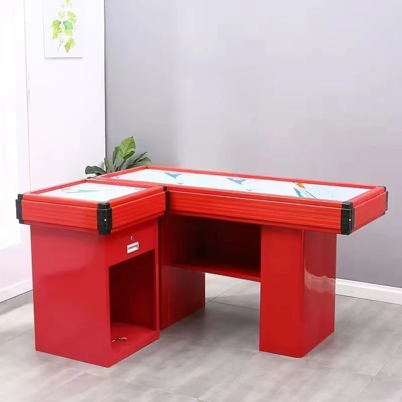 

Logo stainless steel corner table supermarket checkout page with mini shelf