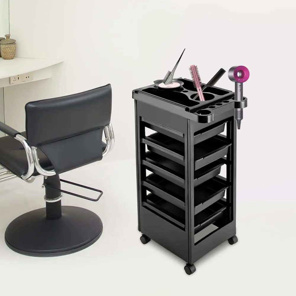 عربة صالون مكونة من 5 طبقات، عربة محطة تصفيف سبا التجميل مقاس 31.9 بوصة مع عجلات وعاء صبغ، عربة صالون دوارة لتصفيف الشعر