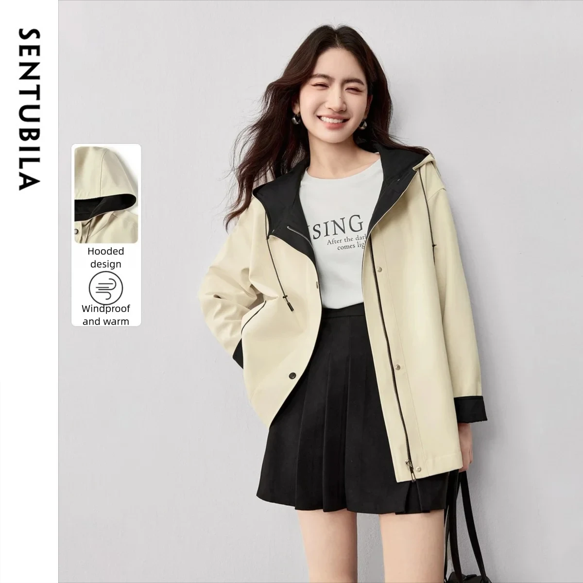 

SENTUBILA женский ветрозащитный и теплый короткий плащ цвета хаки, осень 2023, новая текстурированная повседневная куртка с капюшоном 153FA2261