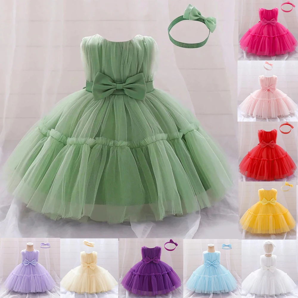 Fluffy Baby Bow Baptism Party Dresses For Girl Toddler Lace 1st Birthday Wedding Princess Evening Dress Pink Bridemaid Prom Gown