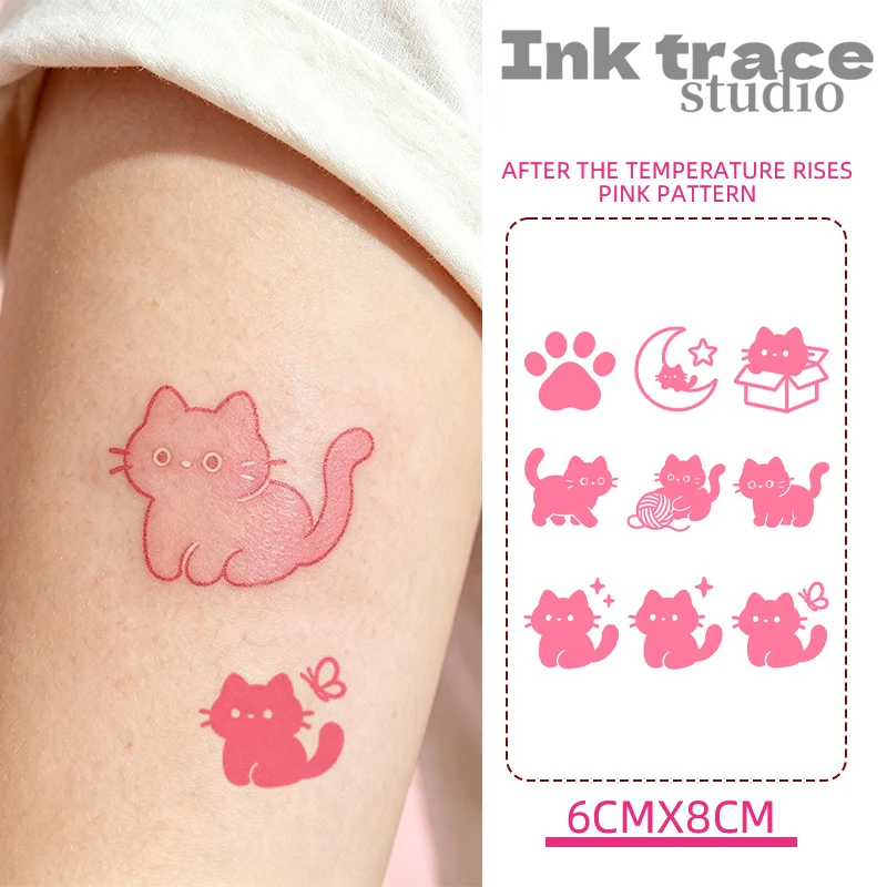Color Changing Cute Cat Temporary Tattoo Heat Sensitive Black to Pink Kawaii Kitten Moon & Butterfly Waterproof Body Art Sticker