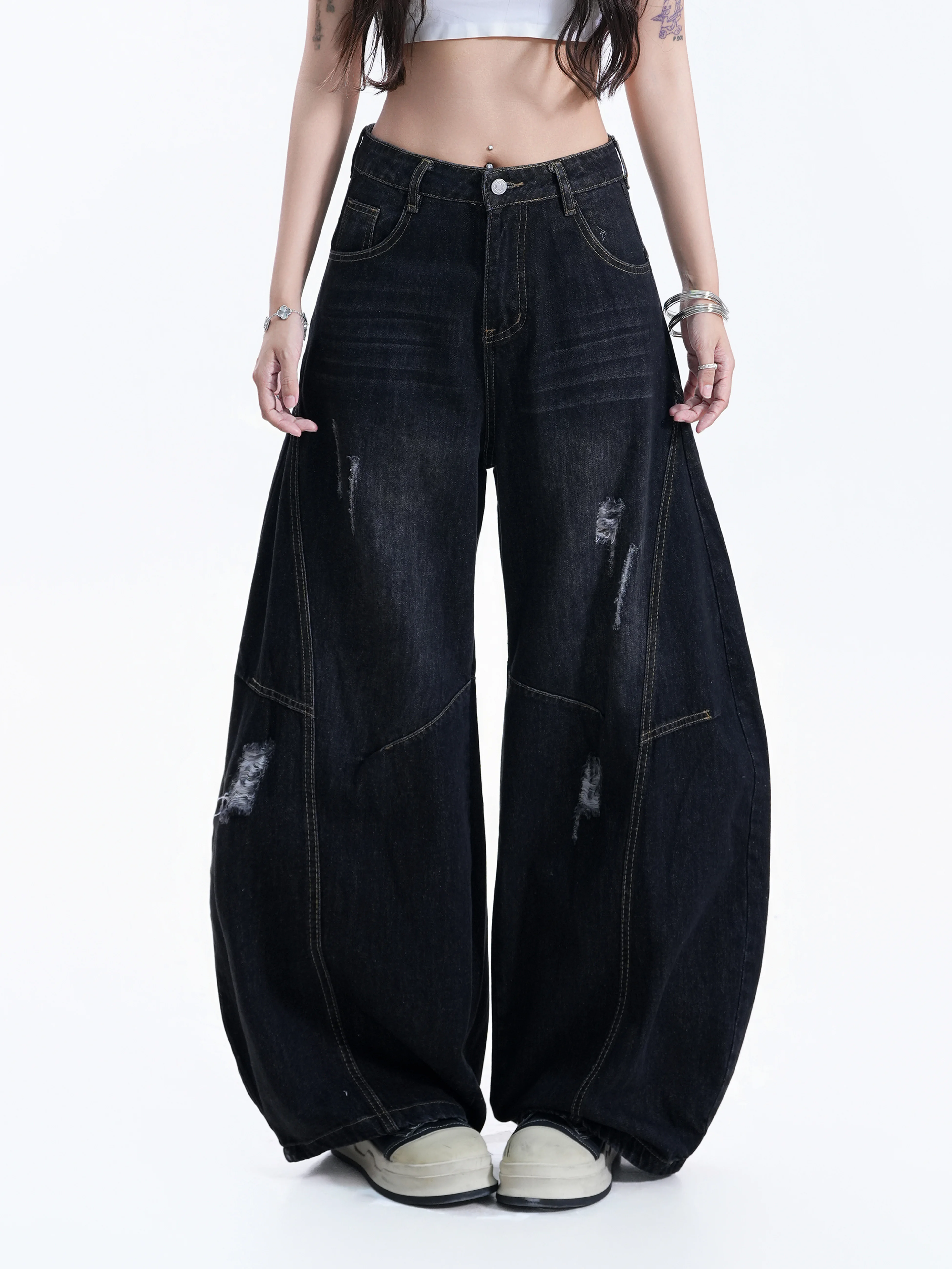 Vintage American Washed Hole Wide Leg Denim Jeans Women's Slimming Couples Match Knife Long Pants Casual Style Natural Waist
