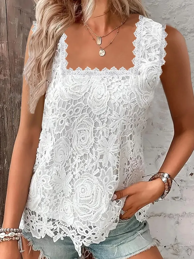 Women Lace Camis Square Neck Vest Summer Loose Sweet Style Tank Tops Elegant Tees Female Casual Commuter Sleeveless T-Shirt 2024