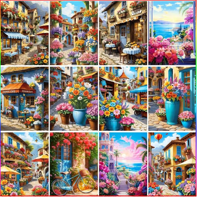 GATYZTORY Full Square Diamond Painting 5D DIY Town Landscape Diamond Embroidery Mosaic Kits Flowers Decorations For Home