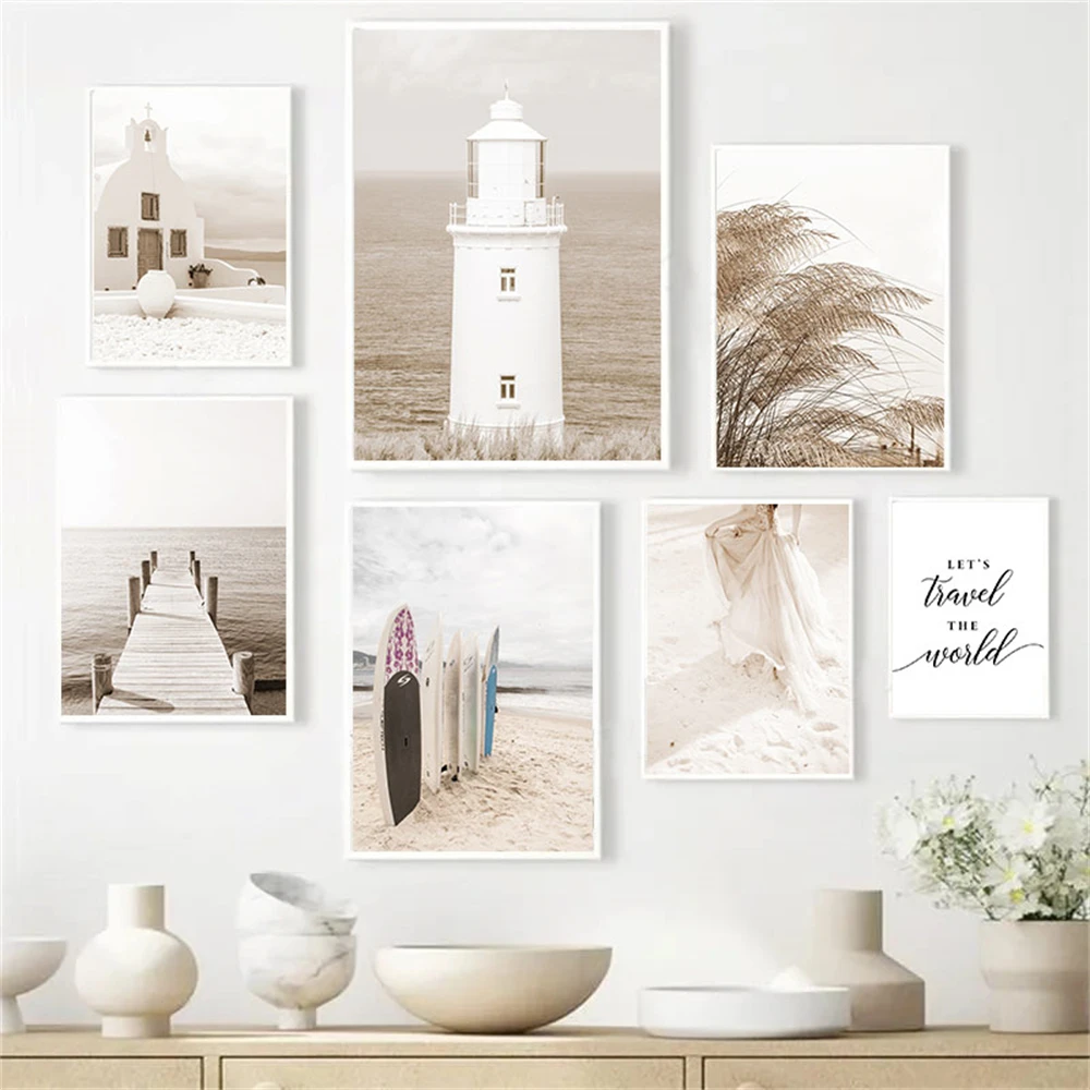 

Seascape Bridge Surfboard Lighthouse Beach Wall Art Canvas Painting Picture Beige Reed Art Print Nordic Poster Living Room Decor