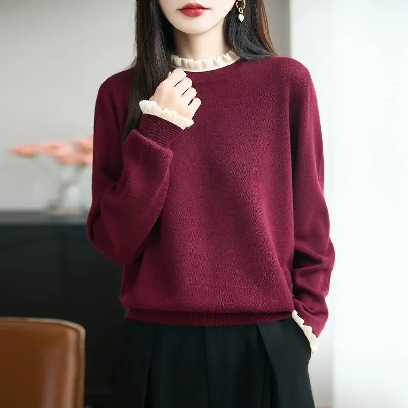 Womens Autumn Winter Thick Ruffle Collar Contrast Knit Sweater Loose Soft Wool Blend Long Sleeve Inner Base Top