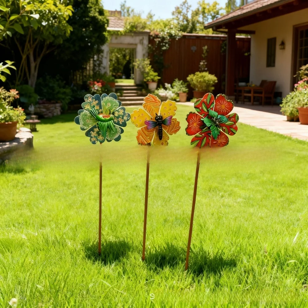 Metal Lawn and Garden Stakes with Windmill Spinner Set of 3 Weatherproof Decorative Stakes for Outdoor Use in Lawns and Patios