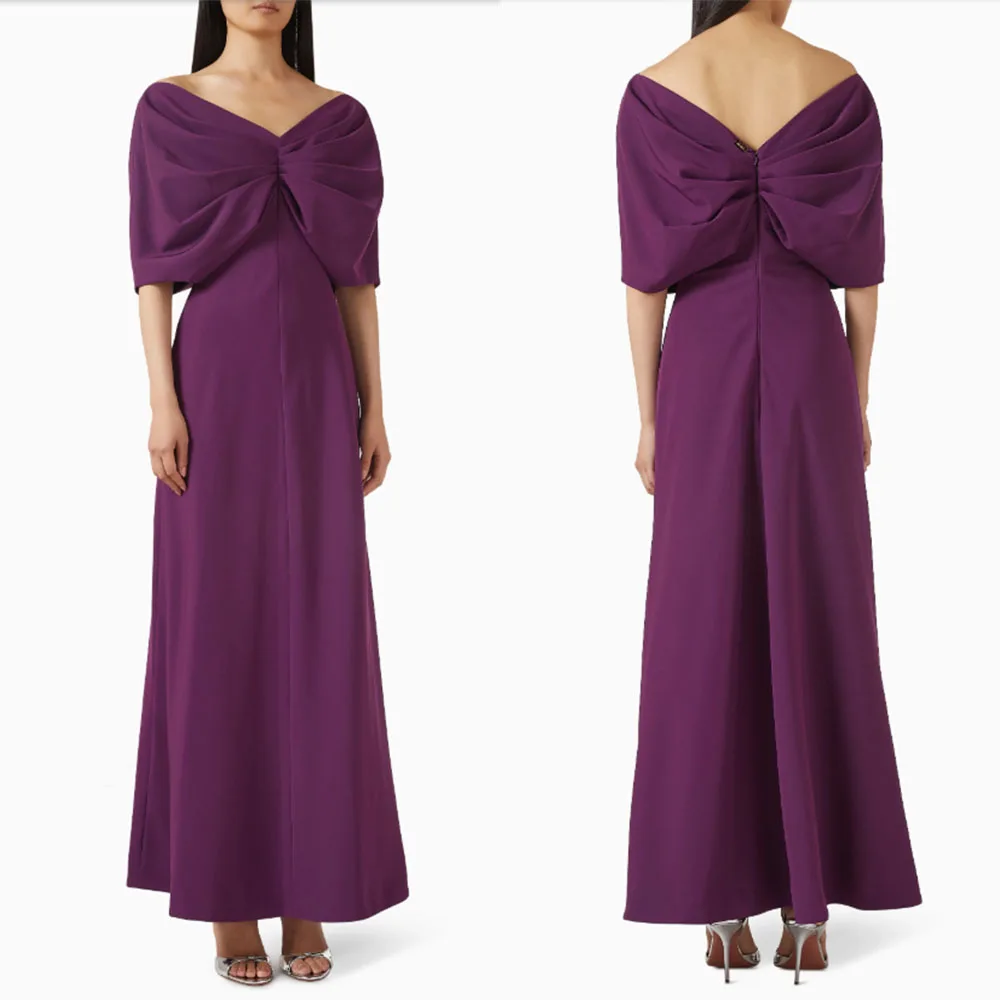 

High Quality Customized Ankle Length A-line Off Shoulder Pleat Purple Half Sleeves Elegant Dress Women for Wedding Party שמלות