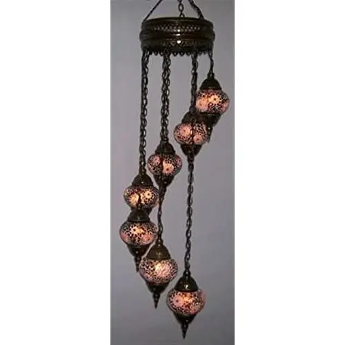 Handmade, Authentic, Mosaic Chandelier, Tiffany Style Glass, Moroccan/Ottoman Style Night Lights (Red, 7 Globes)