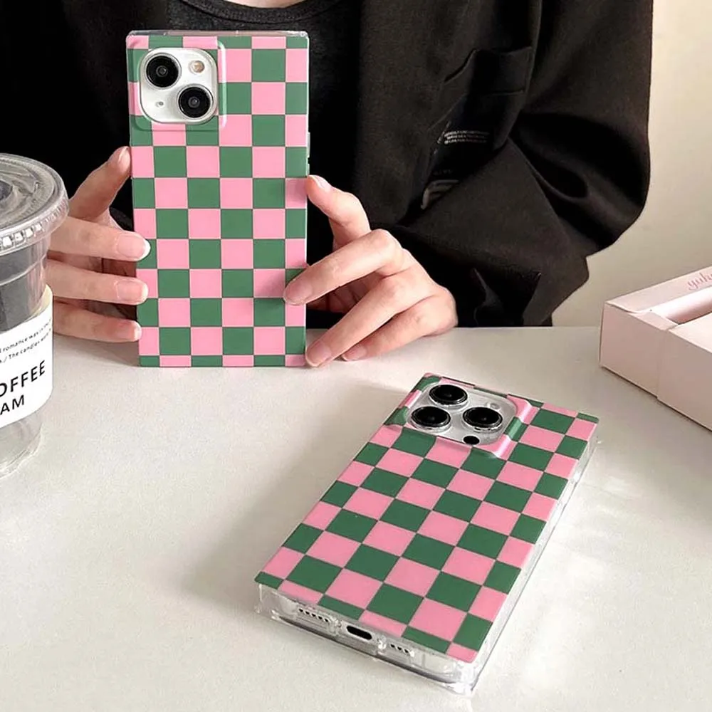 Rectangle Pink Green Cube imd Pattern Case For iPhone 17 16 15 14 13 Pro Max Thick Shockproof Soft TPU Cover Skin