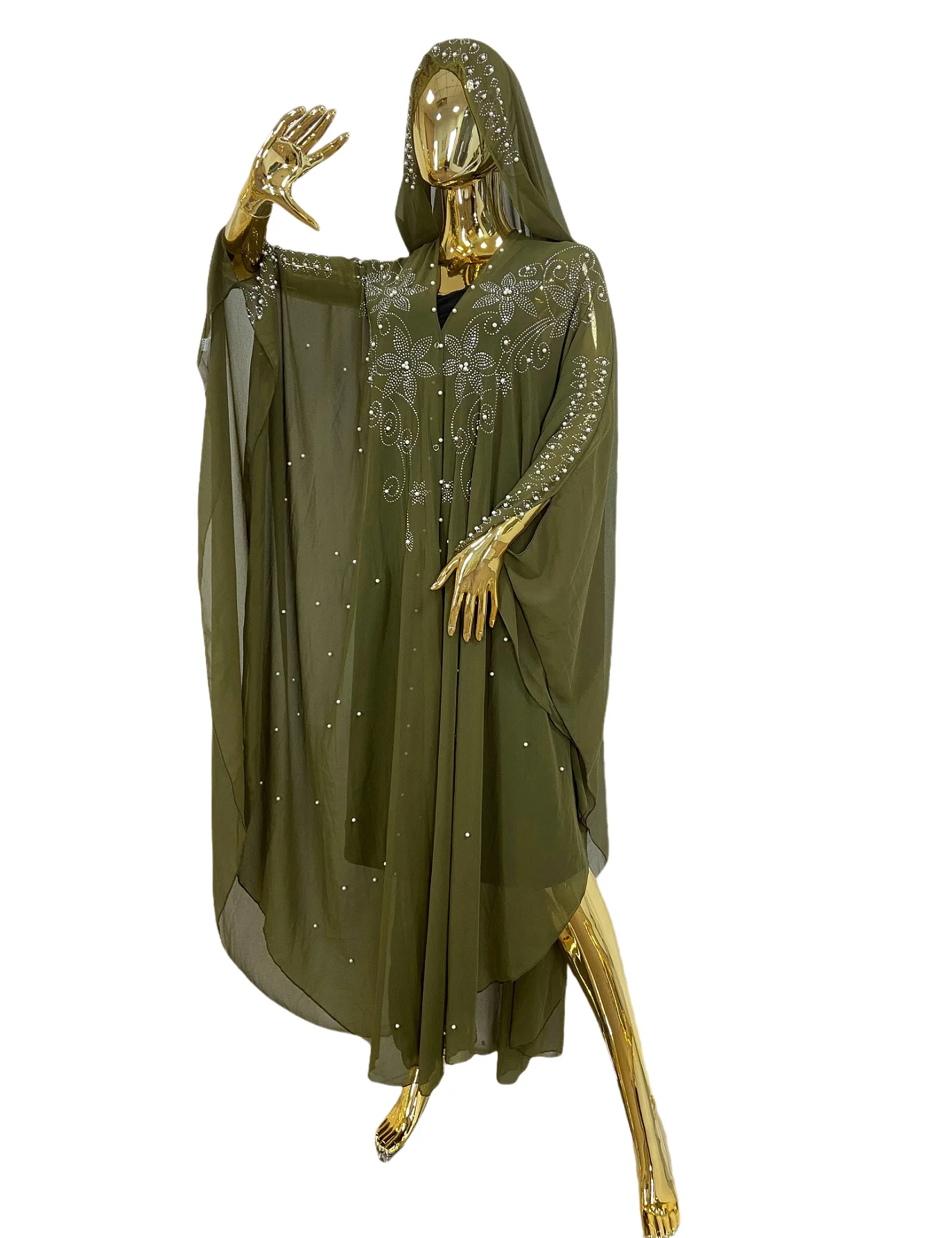 

Fashion Dubai African Dresses for Women Pearl Chiffon Hooded Muslim Dress Dashiki Traditional Clothing Boubou Kaftan Abaya Robe