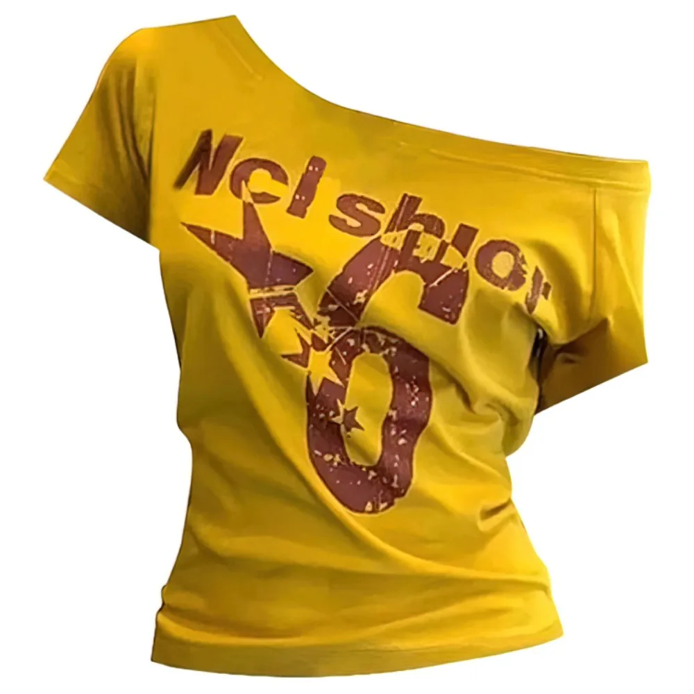 

Vintage Y2k Off Shoulder Top Skew Collar Letter Print Short Sleeve Body Basic T Shirt Summer Wear